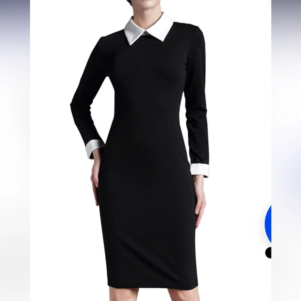 Elegant Black Long Sleeve Dress with turn down collar and white cuffs Wednesday - Picture 7 of 10